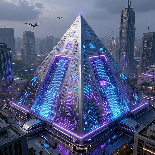 Neon-lit, futuristic pyramid building with intricate blue and purple circuitry patterns, set against a cloudy cityscape with flying drones. Digital artwork.