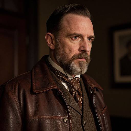 Photograph of a middle-aged man with gray hair and beard, wearing a brown leather jacket, patterned tie, and dark vest, in a dim