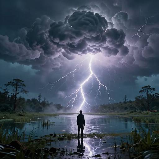 Digital art of a lone figure standing in a reflective pond, facing a dramatic sky with a bright lightning bolt illuminating dark, stormy clouds. Sil