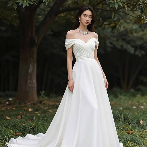 Woman in Elegant White Wedding Dress Outdoors