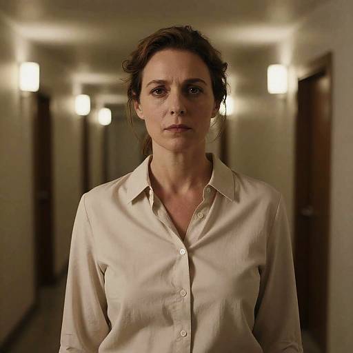 Solemn Woman in Dimly Lit Hallway