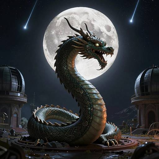 Digital artwork of a fierce, black-scaled dragon with glowing yellow eyes, coiled under a bright full moon, surrounded by two observatory domes