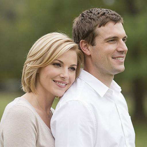 Smiling Couple Embrace with Green Bokeh