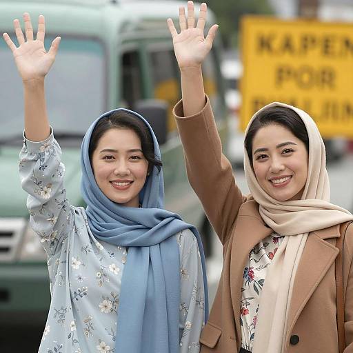 Two Smiling Women Waving Together