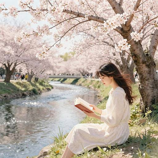 Peaceful Woman Reading by Cherry Blossoms