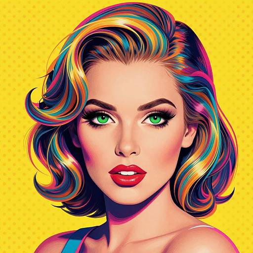 Pop art-style digital portrait of a fair-skinned woman with vibrant, multicolored wavy hair, striking green eyes, and bold red lips,