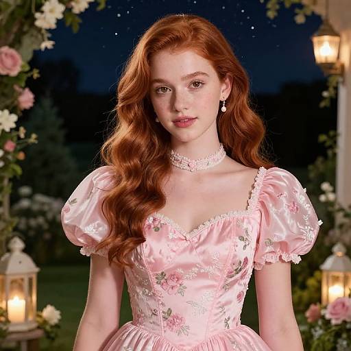 Photorealistic digital portrait of a fair-skinned redheaded woman with wavy hair, wearing a pink, floral-embellished, puffed