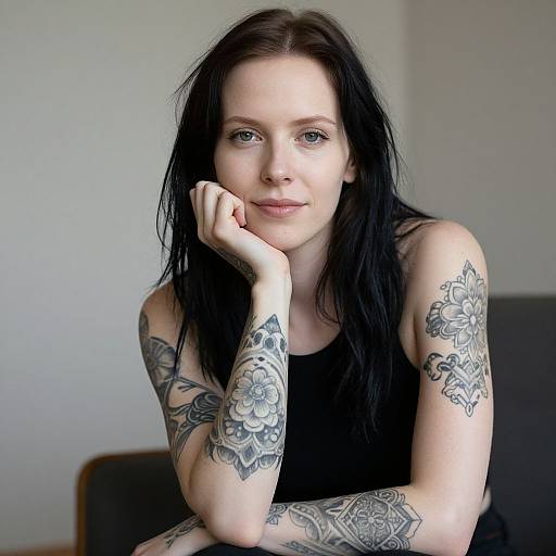 Photograph of a fair-skinned woman with black hair, wearing a black tank top, resting her chin on her hand, showcasing detailed black tattoos on