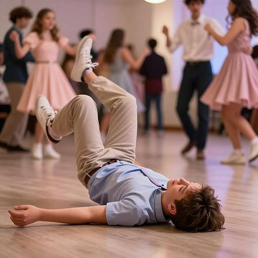 Photograph of a dance class; a young boy in a light blue shirt and beige pants lies on the wooden floor, legs raised, while blurred classmates