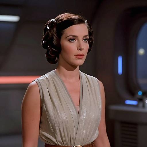 Photograph of a fair-skinned woman with dark brown, wavy hair in a 1950s style, wearing a shimmering, sleeveless