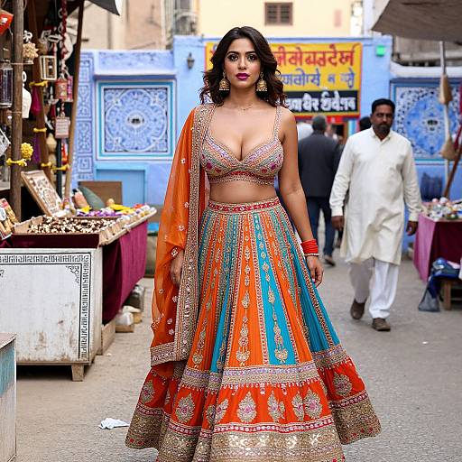 Photograph of a curvy woman in a vibrant orange and blue traditional Indian outfit with gold embroidery, standing confidently in a bustling street market with colorful stalls