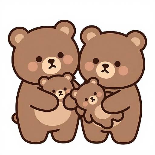 Cute digital drawing of three brown teddy bears with pink cheeks, two adults holding a smaller bear in the center.
