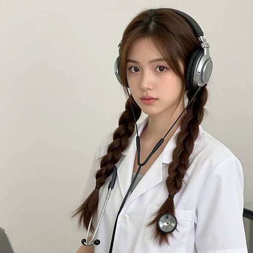 Photograph of an Asian woman with long brown braids, wearing a white lab coat, black headphones, and a stethoscope, against a plain