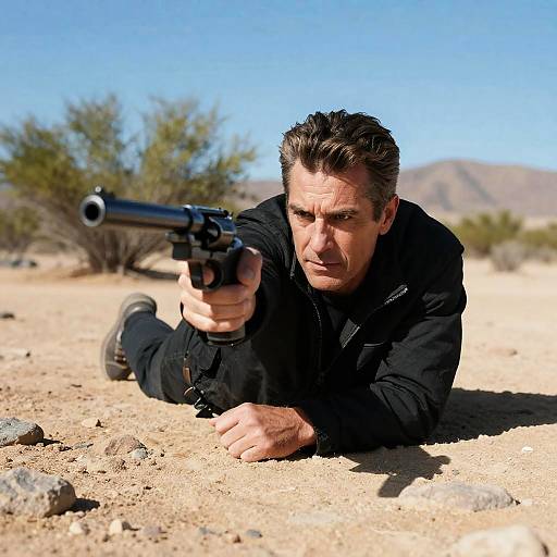 Man Aiming Revolver in Desert