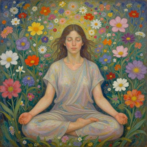 Digital painting of a serene woman with closed eyes, sitting cross-legged in a colorful flower field, wearing a light, flowing dress.