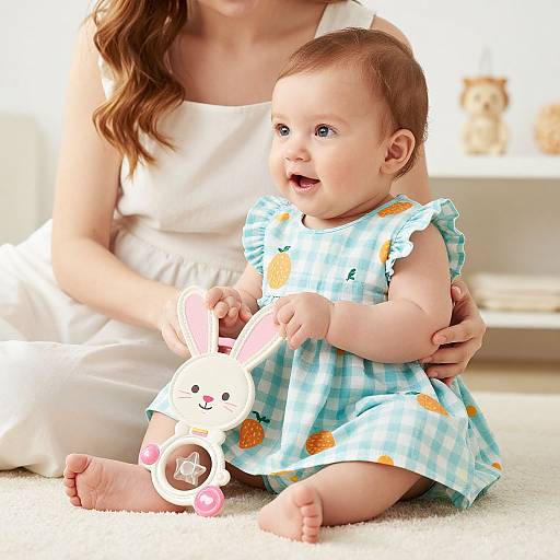 Photograph of a baby with brown hair, blue checkered dress, holding a white bunny toy, sitting on a carpet, being held by a woman