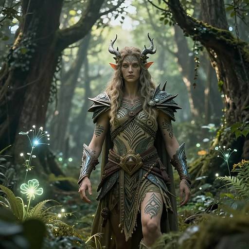 Digital fantasy artwork of a stern, elf-like woman with antlers, intricate armor, and tattoos, walking through a mystical, glowing forest.