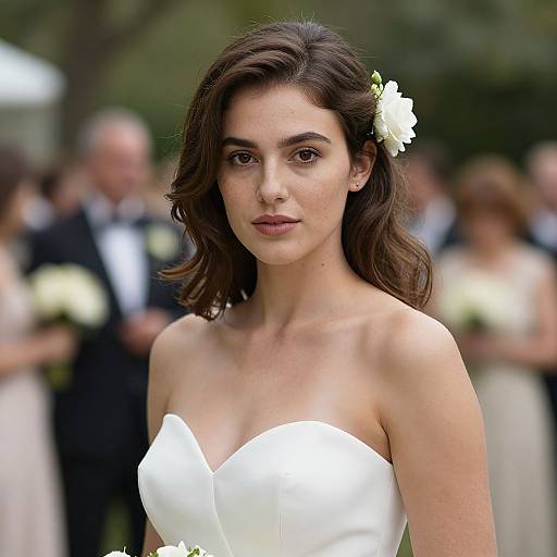 Photograph of a beautiful brunette woman with wavy hair, white flower in her hair, and strapless white wedding dress, standing in a blurred outdoor