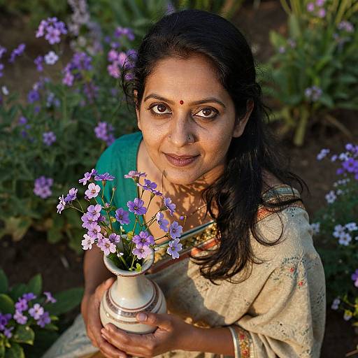 Photograph of an Indian woman with dark hair, wearing a green and white saree, holding a white vase with purple flowers, surrounded by blooming