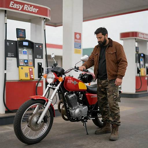 Bearded Biker at Colorful Gas Station