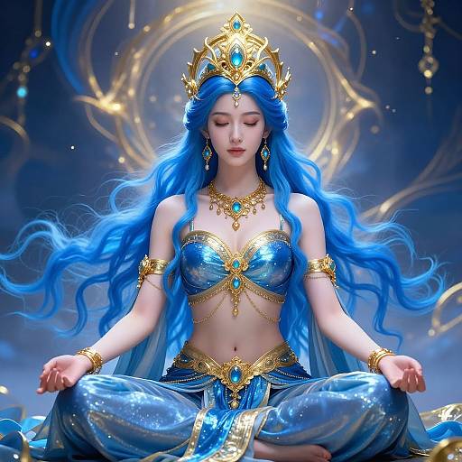 Blue-Haired Fantasy Goddess in Meditation