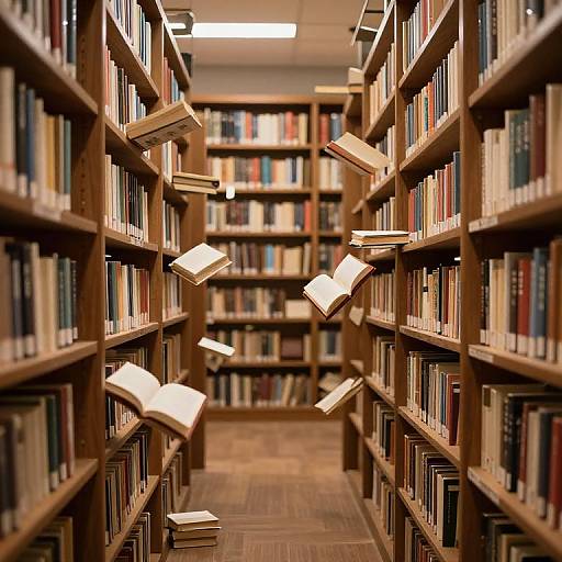 Photograph of a library aisle with wooden bookshelves filled with books, several open books floating magically in mid-air. Warm, inviting lighting.
