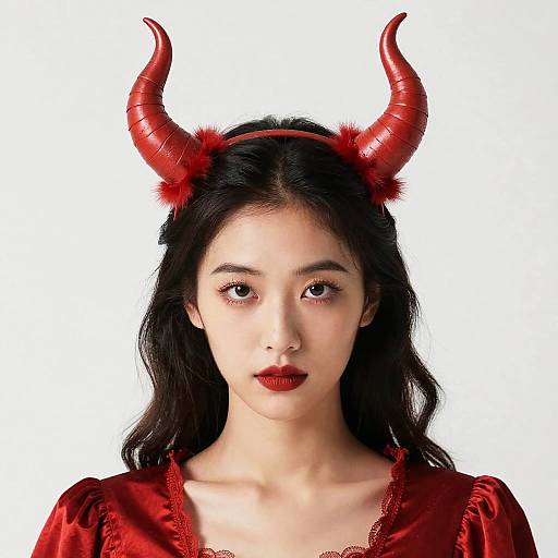 Woman in Vintage Devil Costume with Red Horns