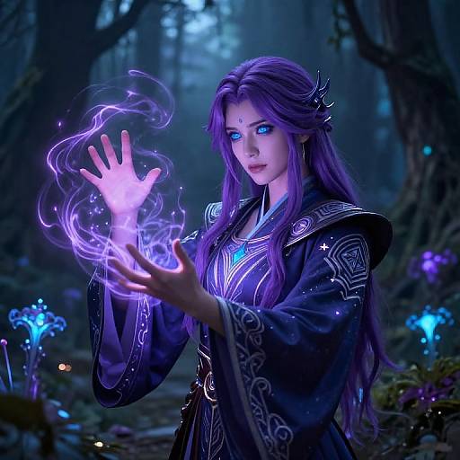 Digital artwork of a purple-haired, blue-eyed elven woman in a mystical forest, casting glowing purple magic with her hands outstretched.
