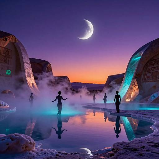 Photograph of a surreal, neon-lit, desert scene at twilight with a crescent moon, silhouetted figures, glowing water, mist