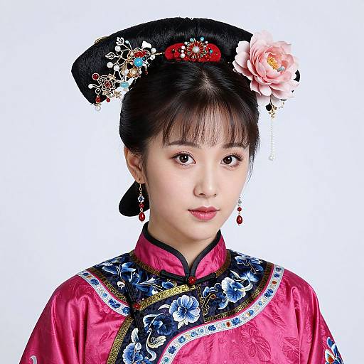 Photograph of an Asian woman in traditional pink Chinese qipao with floral embroidery, black hat adorned with flowers and jewelry, white background.