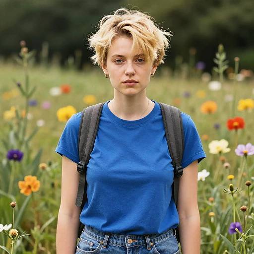 Blond Woman with Messy Pixie Cut in Flower Field