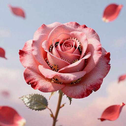 Photograph of a vibrant pink rose with red-tipped petals, surrounded by floating rose petals against a clear blue sky.