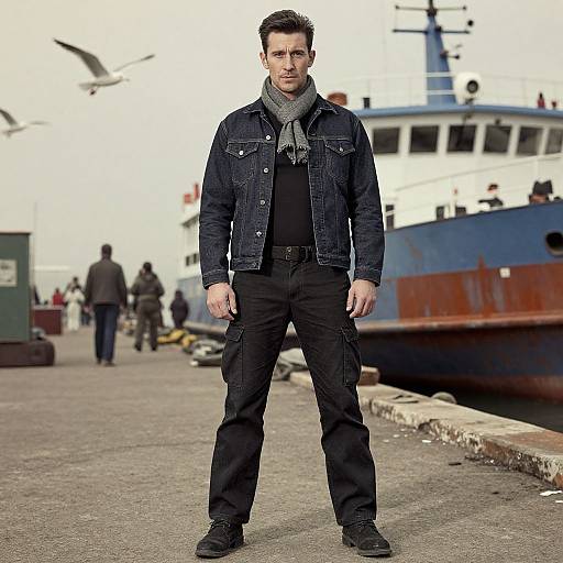 Confident Man at Rusty Blue Ferry Dock