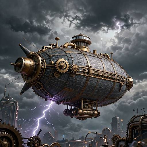 Steampunk airship with gears and metal panels soaring above a stormy cityscape, lightning illuminating the dark, cloudy sky. Digital art.