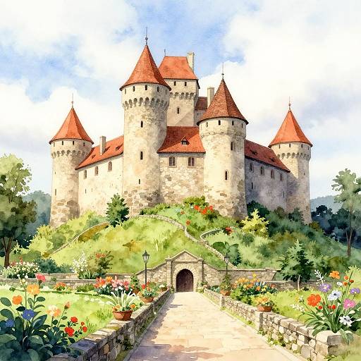 Watercolor Medieval Castle on Hill