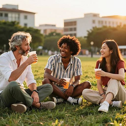 Sunset Lawn Picnic with Three Friends