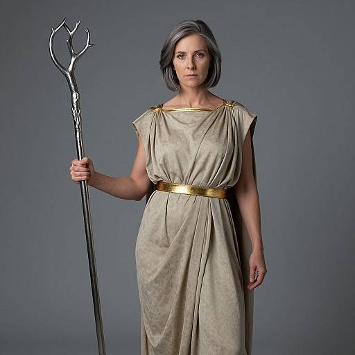 Photograph of a serious, gray-haired woman in a golden-belted, beige toga dress holding a black, ornate trident against a