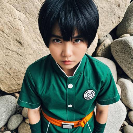 Young man in Rock Lee cosplay costume