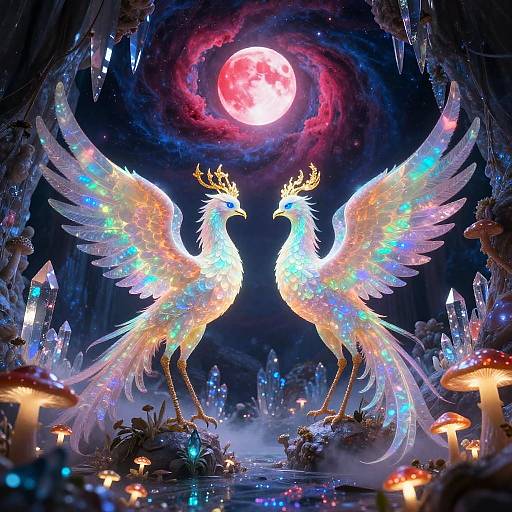 Luminous Opal Phoenixes in Crystal Cavern