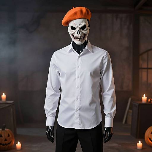 Photograph of a skeletal figure wearing a white shirt, black pants, black gloves, and an orange beret, standing in a dimly lit,