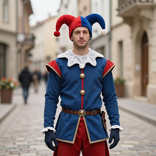Photograph of a bearded man in a blue and red jester outfit with white lace collar, standing on a cobblestone street. Background shows