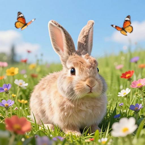 Photograph of a fluffy brown bunny with upright ears, surrounded by colorful flowers and two orange butterflies, under a bright blue sky.