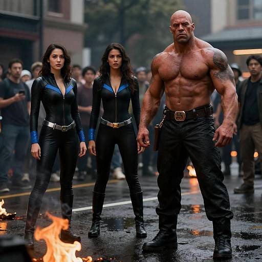 Three Superheroes on Fiery Rain-Slick Street