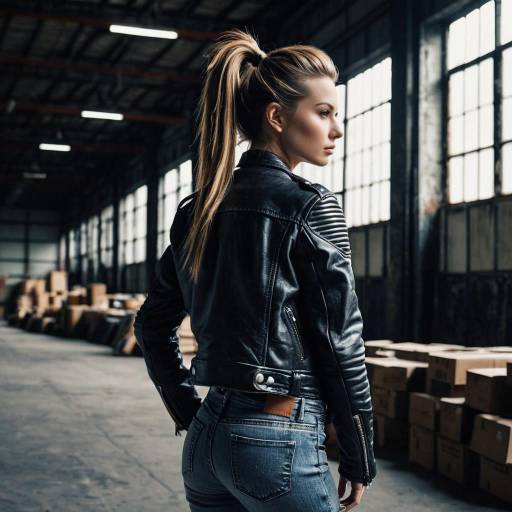 Young Woman with Voluminous Ponytail in Leather Jacket Young Woman with Voluminous Ponytail in Leather Jacket