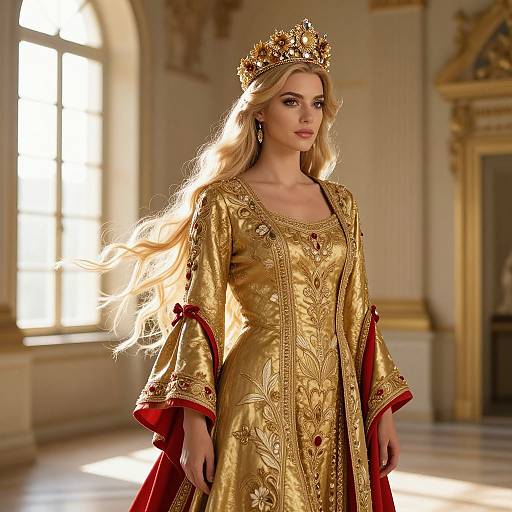 Regal Blonde Woman in Ornate Gold Dress