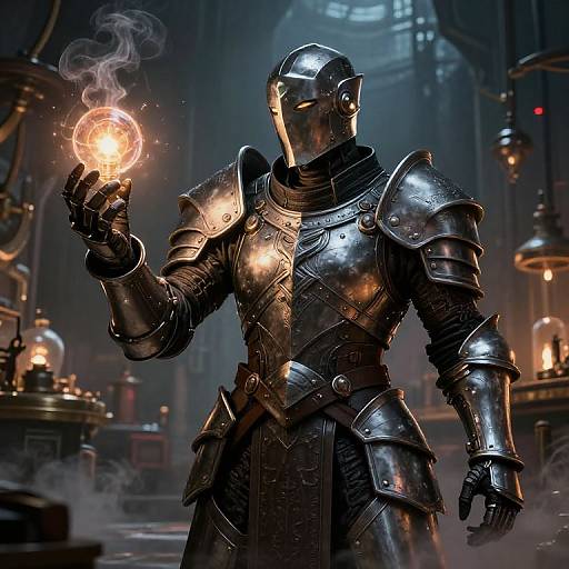 Digital artwork of a knight in shimmering, reflective armor holding a glowing, ethereal light in a dim, steampunk workshop.