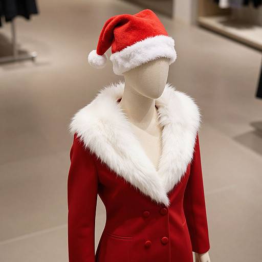 Photograph of a faceless mannequin wearing a red Santa hat and red coat with white fur collar, displayed in a store.