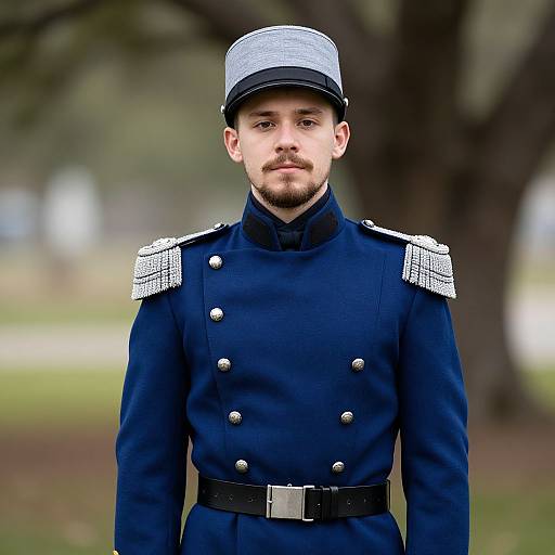 Photograph of a young Caucasian man with a trimmed beard, wearing a blue military uniform with silver epaulettes and a gray cap, standing in