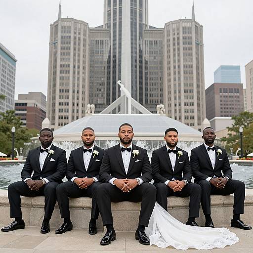 Photograph of four Black men in black tuxedos with white bow ties, sitting in front of Chicago's Millennium Park fountain. White wedding dress