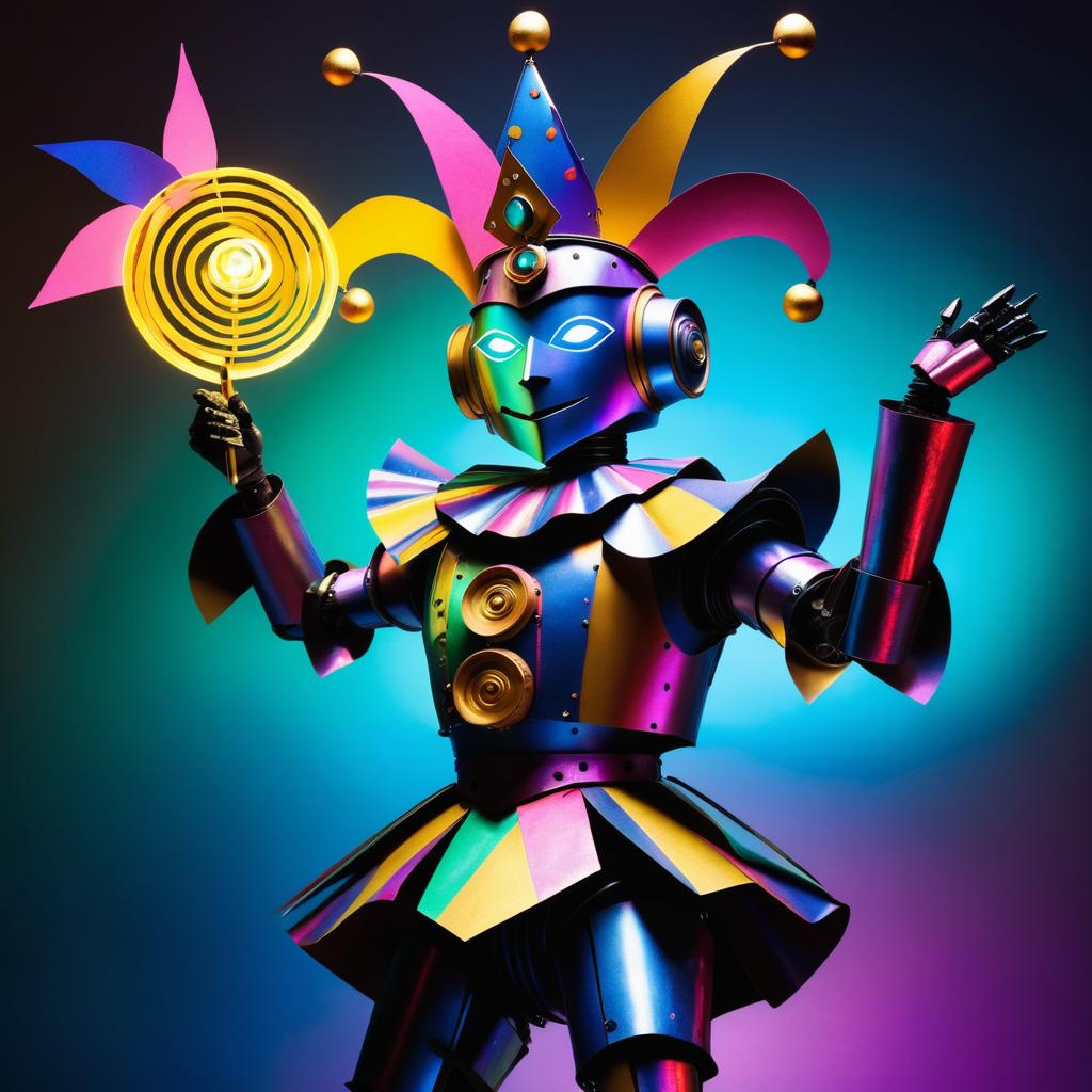 Whimsical Robot Jester at Masquerade Ball